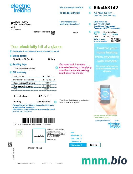 IRELAND ELECTRIC IRELAND rachunek za usługi komunalne Word and PDF template